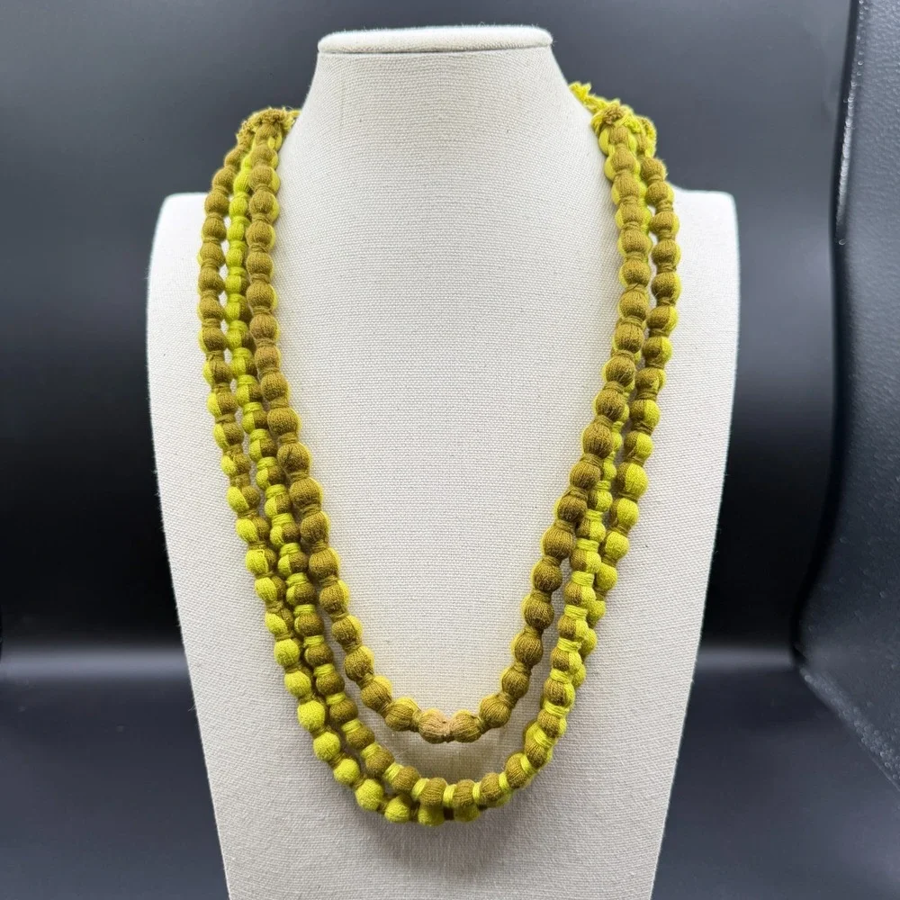 Green Ombre Tone Fabric Bead Necklace Multi Strand Knotted Statement Jewelry